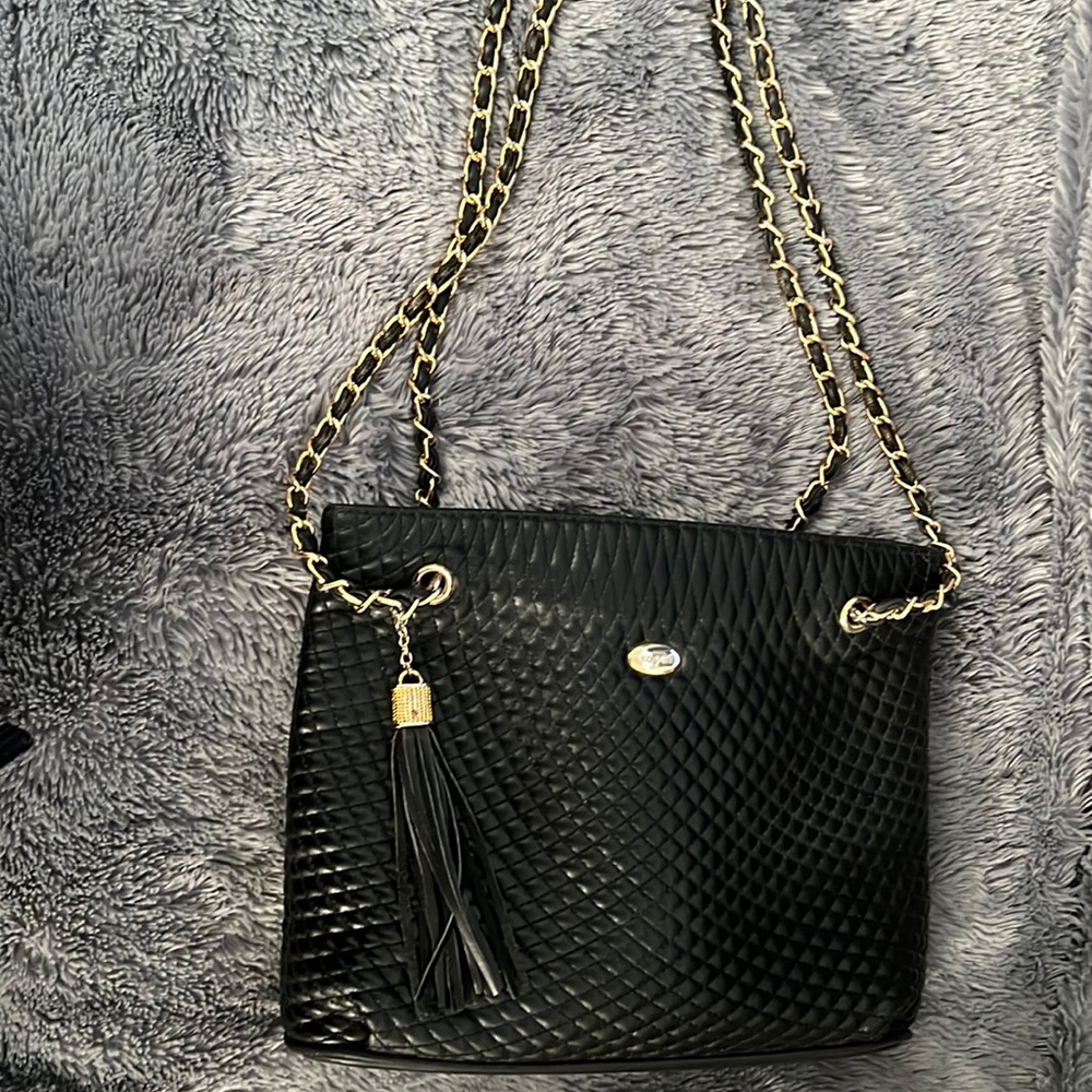 Koschi Leather Black Shoulder Strap Purse with gold accents and strap